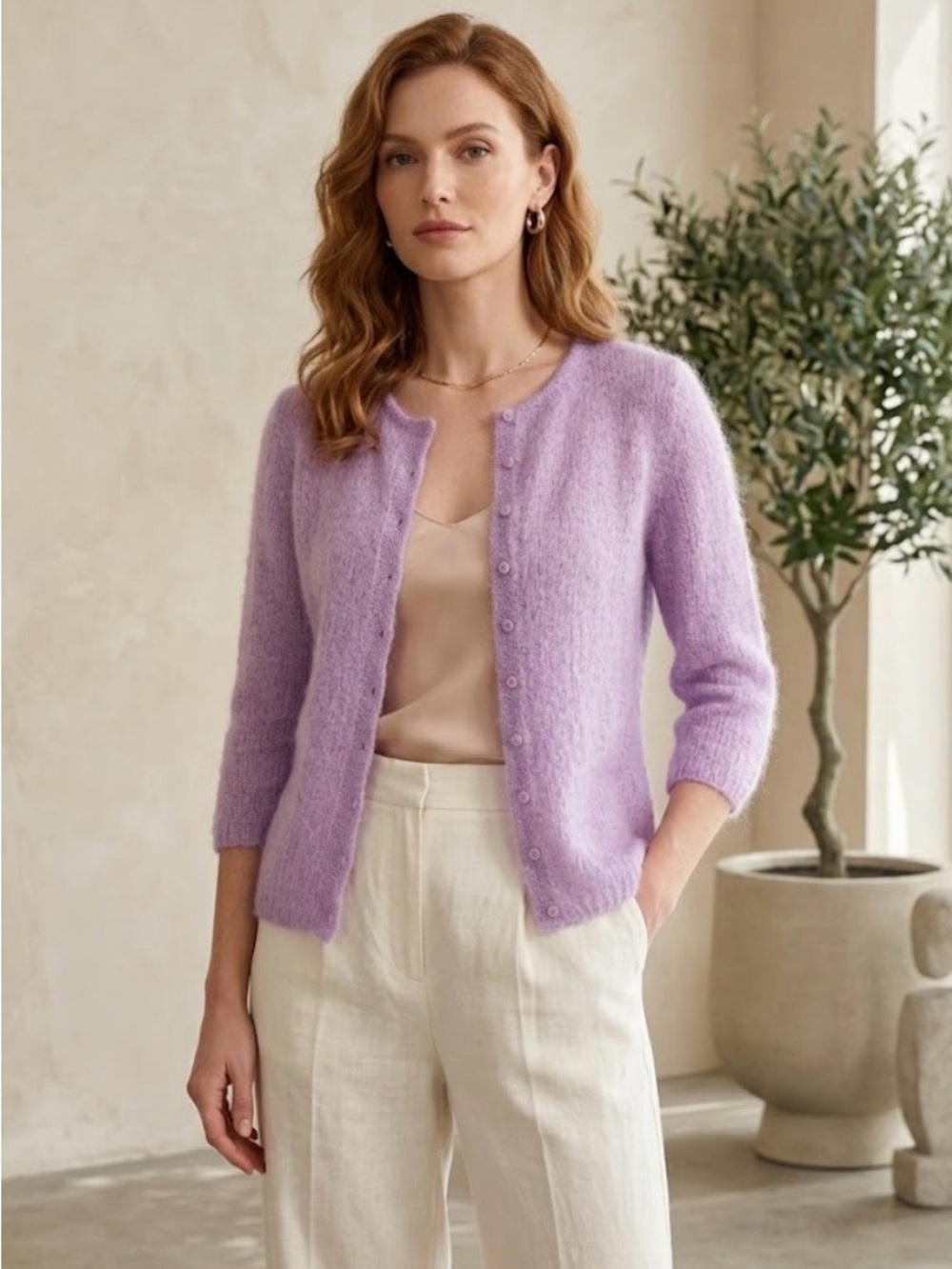 Burns Mohair Lavender Crewneck Button-Front Sweater Cardigan Size M
